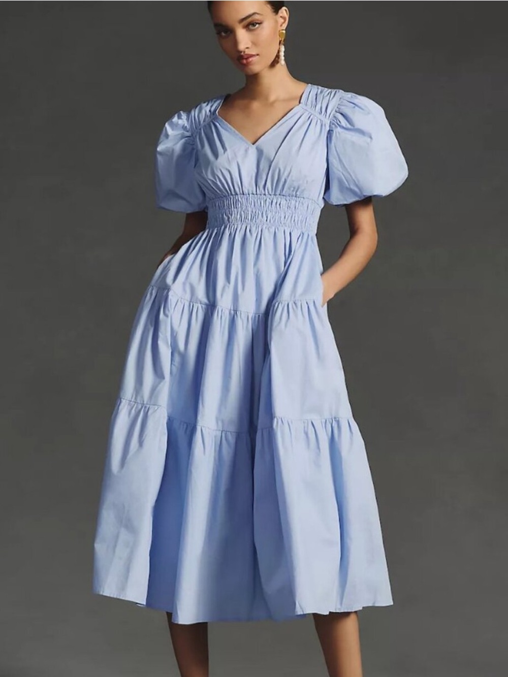 Moon River (L) Sky Blue Puff Sleeve Tiered Midi Dress